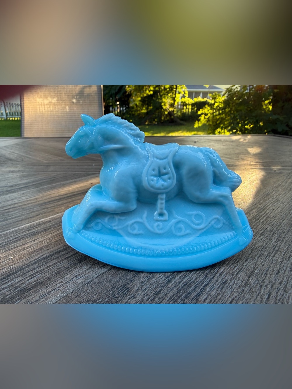 Vintage 1982 Guernsey Glass “Rocky” Rocking Horse Figurine - Blue Boy Milk Glass